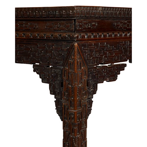 Lot 172 - *A fine and rare pair of Chinese carved hardwood, possibly "huanghuali", corner-leg painting tables, Tiaozhuo