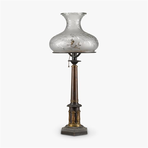 Lot 150 - Neoclassical bronze sinumbra lamp with etched glass shade
