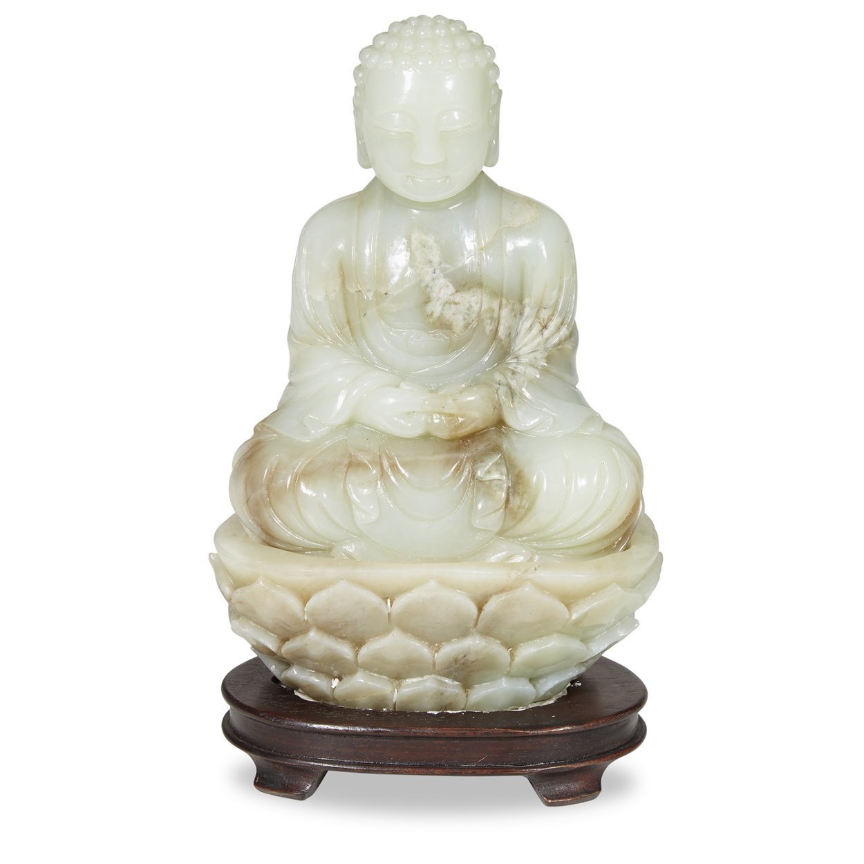 Lot 131 - A Chinese celadon jade figure of seated buddha on lotus