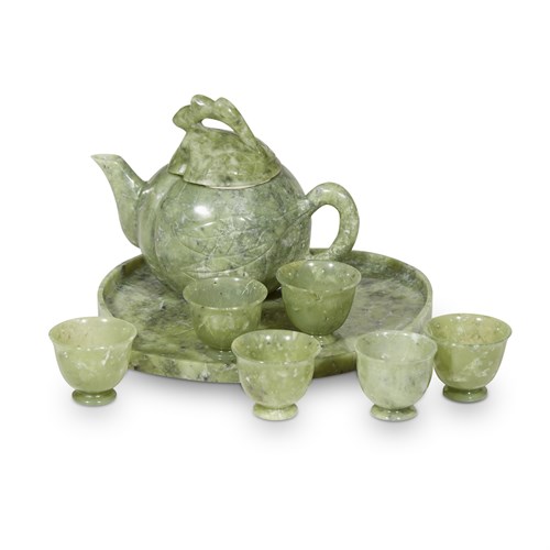 Lot 139 - A group of Chinese carved jadeite and hardstone teapot, tray and six cups