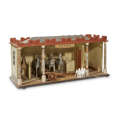 Lot 3 - Wooden model of stables with four horses and group of dogs