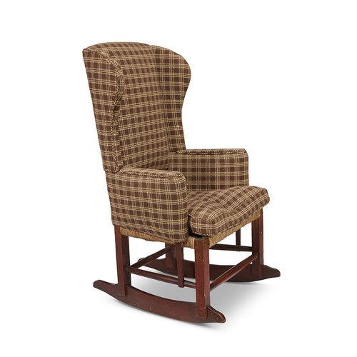 Lot 12 - Country birch and maple upholstered wingback rocking chair