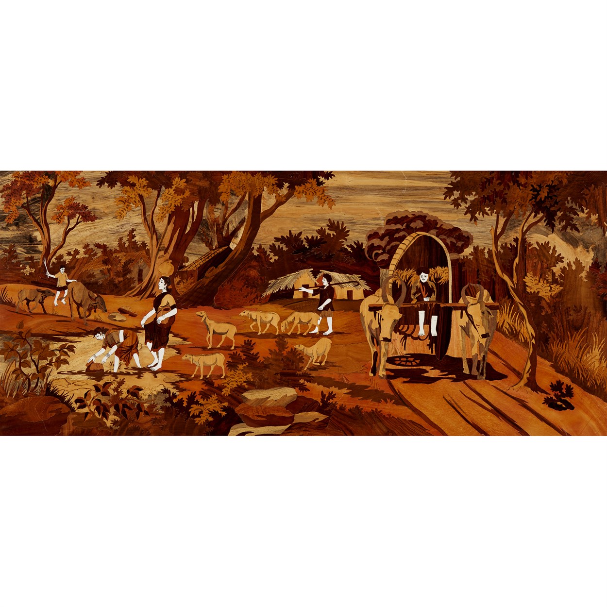 Lot 190 - A Indian Marquetry inlaid 'village scene' plaque