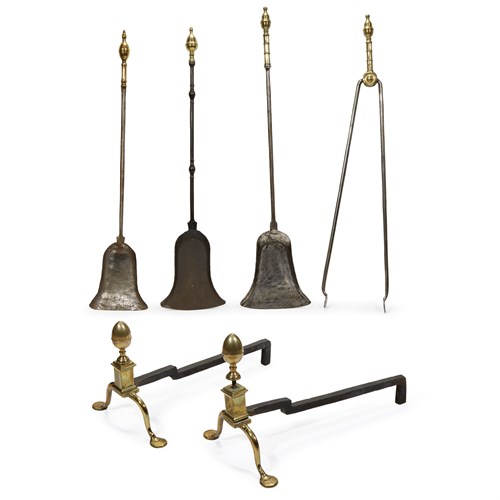 Lot 202 - Group of five wrought iron, brass, and steel hearth accessories