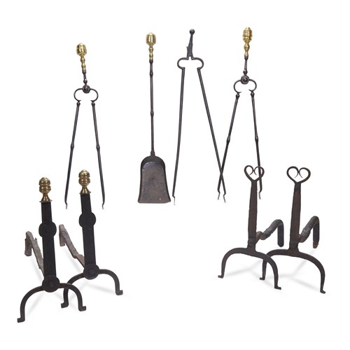 Lot 201 - Group of five wrought iron and brass hearth accessories
