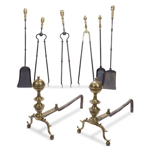 Lot 220 - Group of seven wrought iron and brass hearth accessories