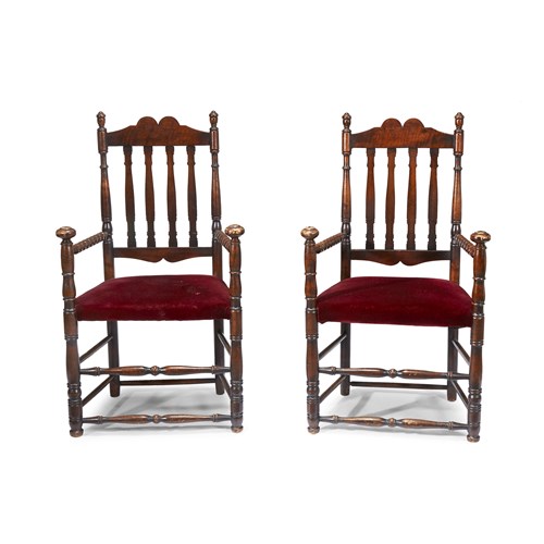 Lot 196 - Pair of William & Mary-style bannister-back walnut armchairs