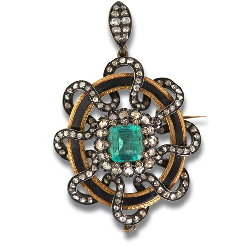 Lot 30 - An antique emerald, diamond, enamel, silver and eighteen karat gold pendant-brooch, Bailey Banks & Biddle