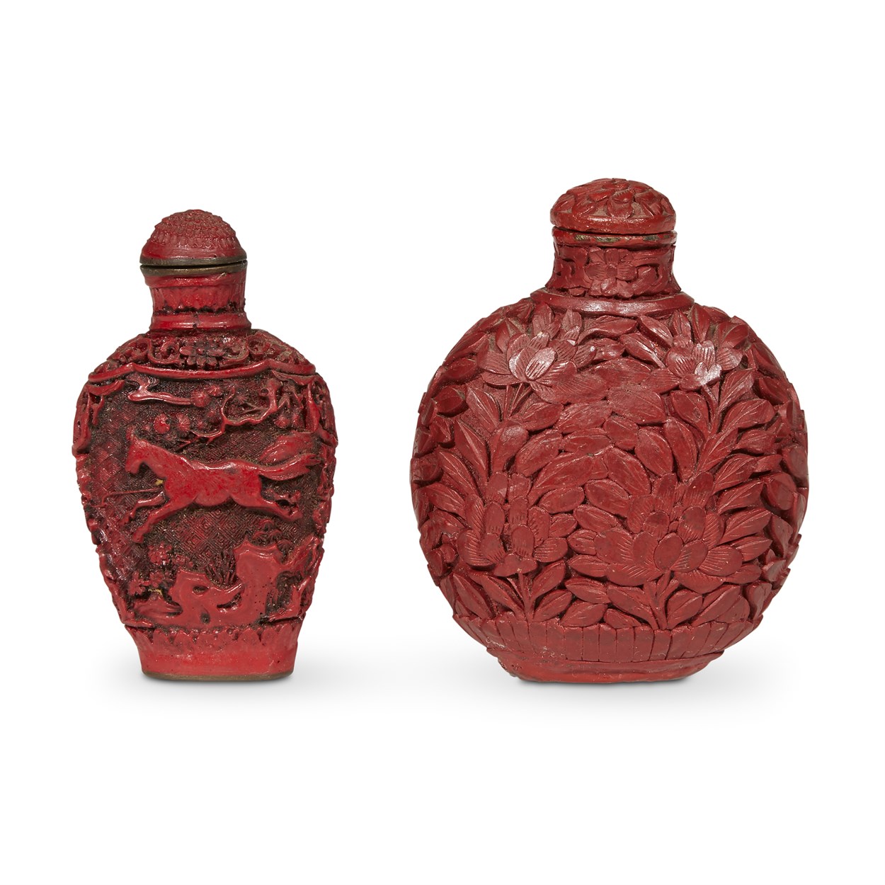 Lot 176 - Two Chinese carved cinnabar lacquer or resin snuff bottles