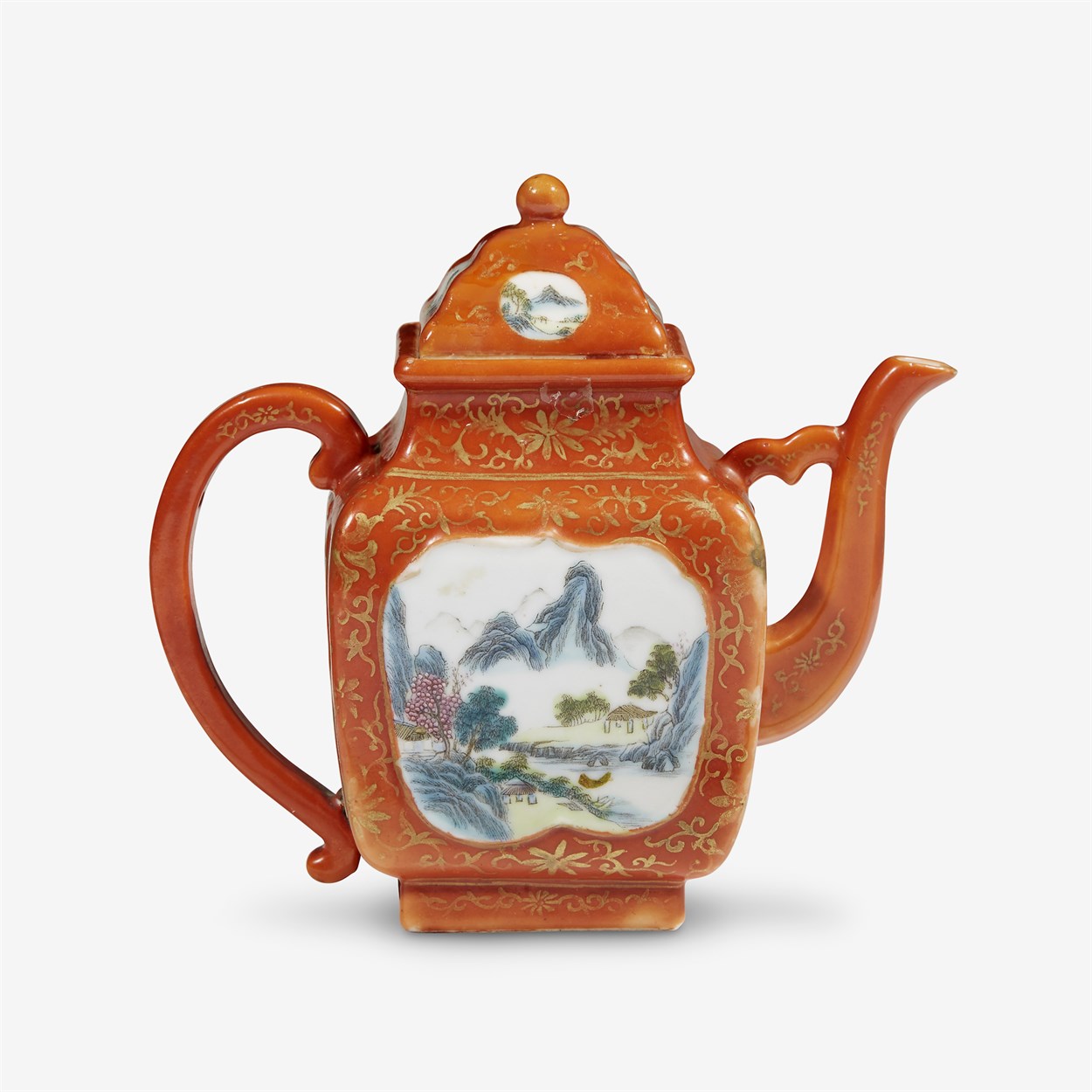 Lot 165 - A Chinese red-ground famille rose 'landscape' teapot and cover