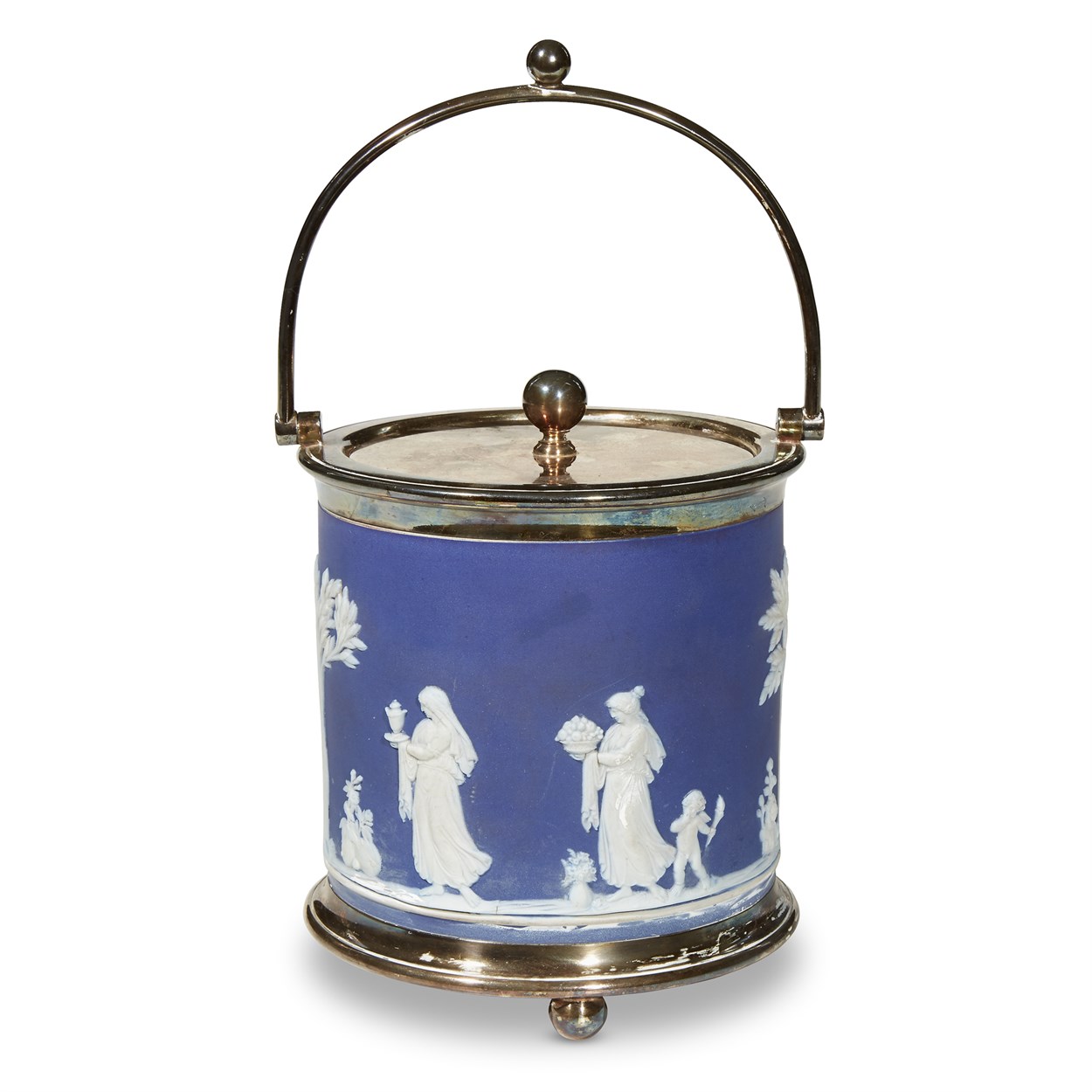 Lot 101 - A Wedgwood jasperware and silver-plated lidded biscuit jar