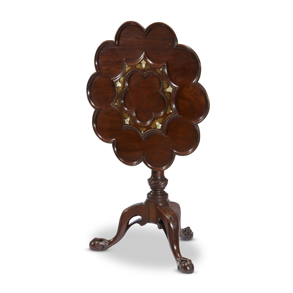 Lot 93 - A George III brass and mother-of-pearl inlaid mahogany tilt-top tea table
