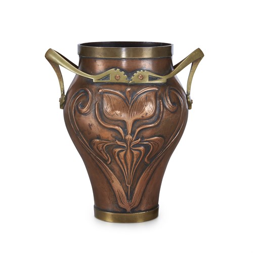 Lot 270 - A Continental Art Nouveau twin-handled copper and brass vase