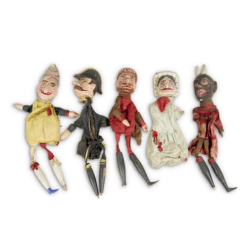 Lot 242 - Group of five painted and carved wood "Punch and Judy" hand puppets