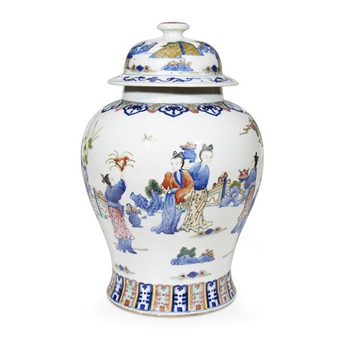 Lot 162 - A Chinese famille rose 'figural' baluster jar and cover