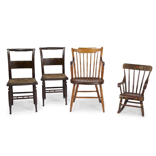 Lot 231 - Pair of Hitchcock side chairs, child's painted and stenciled rocking chair and an unpainted Windsor armchair