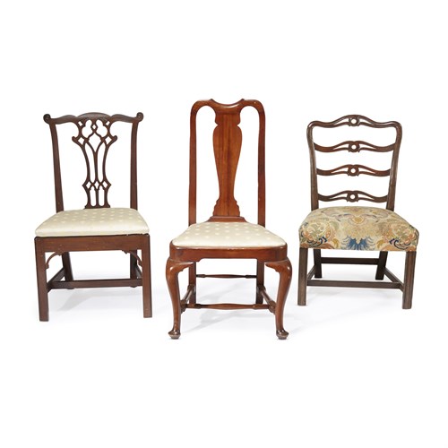 Lot 205 - Queen Anne compass seat side chair, Chippendale ribbon-back side chair and two matching Chippendale side chairs