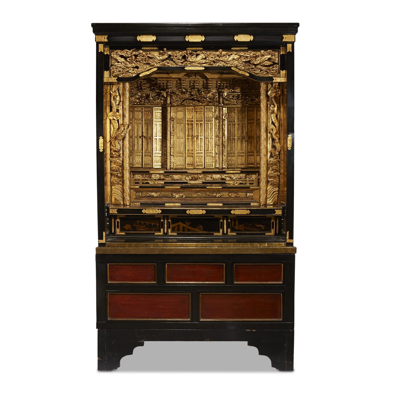 Lot 42 - A Japanese gilt and black lacquer large shrine