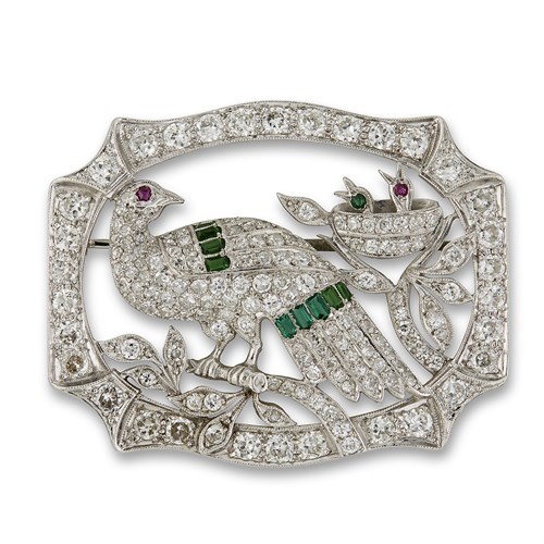 Lot 32 - A diamond, gemstone and platinum peacock brooch