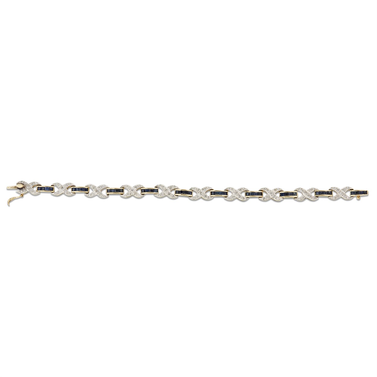 Lot 46 - A diamond, sapphire and fourteen karat gold 'X' link bracelet