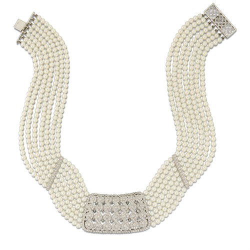 Lot 31 - A cultured pearl, diamond and fourteen karat white gold necklace