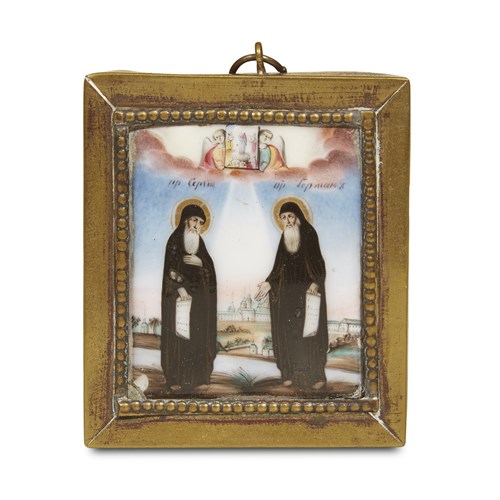 Lot 23 - A small panel painting together with two Russian icons