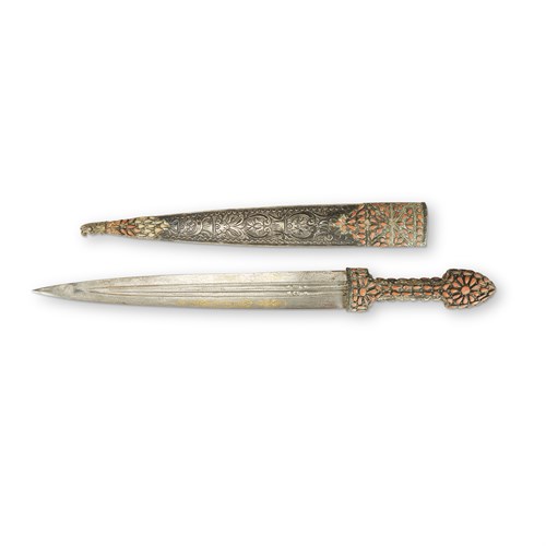 Lot 149 - A Middle Eastern steel blade with inlaid gold script, embellished silver scabbard and hilt