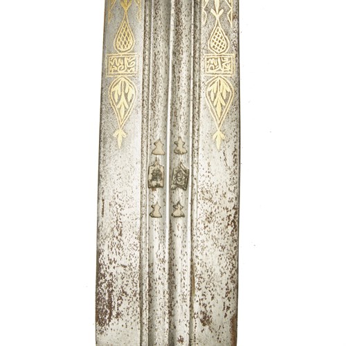 Lot 149 - A Middle Eastern steel blade with inlaid gold script, embellished silver scabbard and hilt