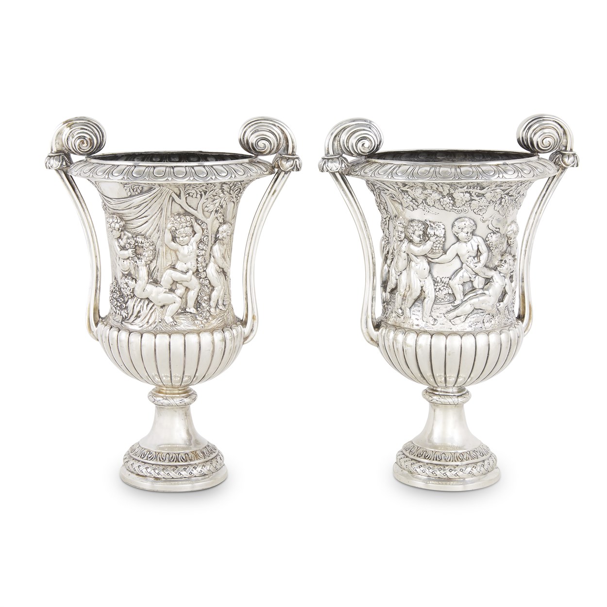Lot 95 - A pair of German silver Renaissance Revival urn-form wine coolers