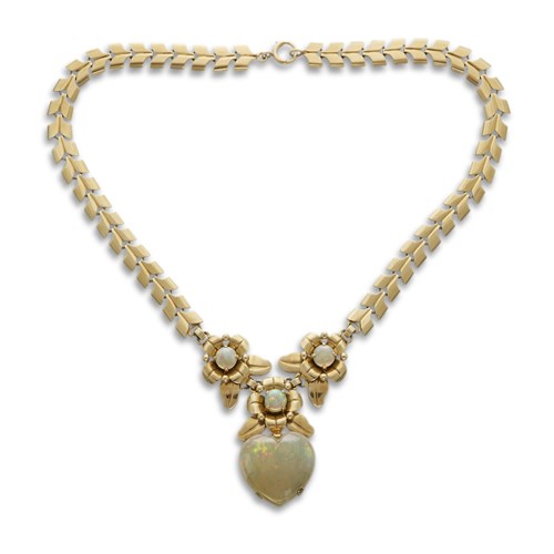 Lot 100 - An opal and fourteen karat gold necklace, Wordley, Allsopp & Bliss, Tiffany & Co.
