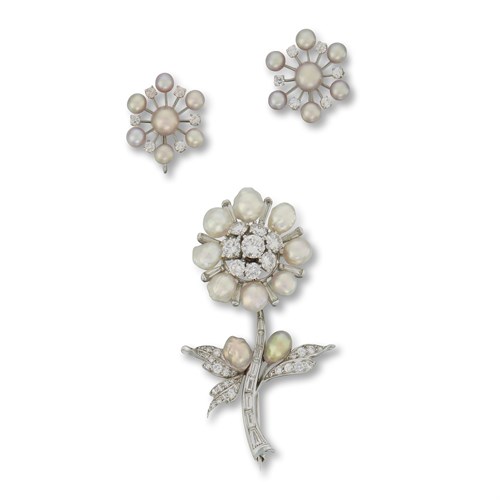 Lot 49 - A pair of cultured pearl, diamond and platinum earrings and brooch