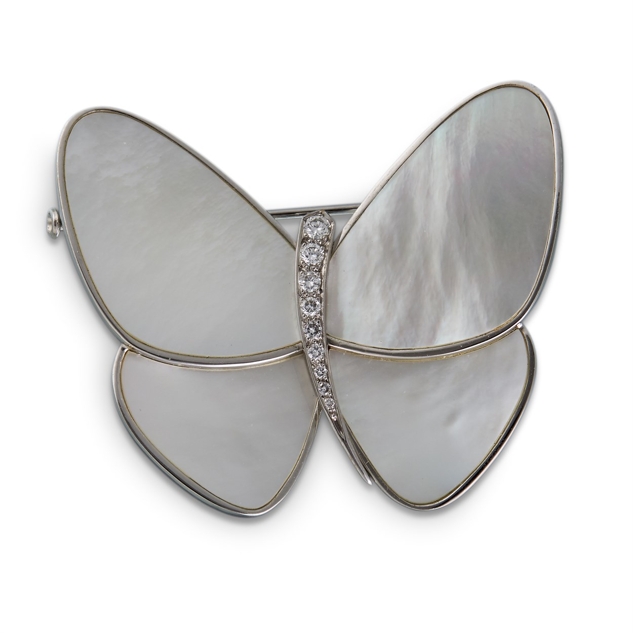 Lot 95 - A mother-of-pearl, diamond and eighteen karat white gold 'Papillon' clip brooch, Van Cleef & Arpels