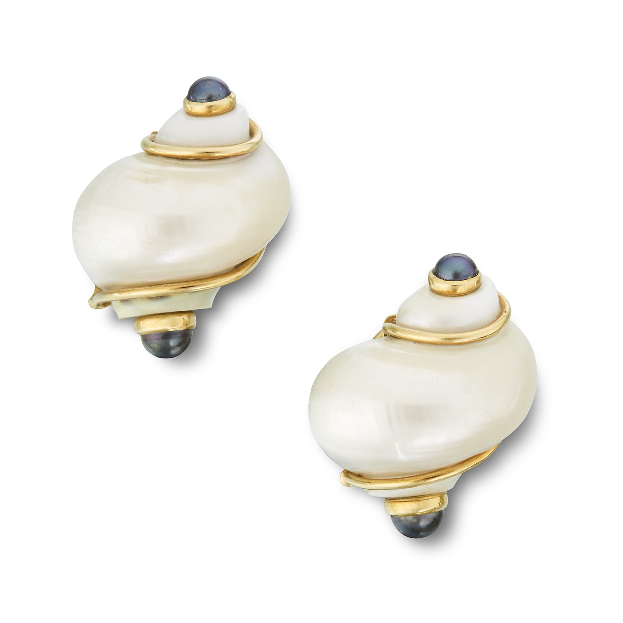Lot 57 - A pair of Turbo shell, cultured pearl and eighteen karat gold ear-clips, Seaman Schepps