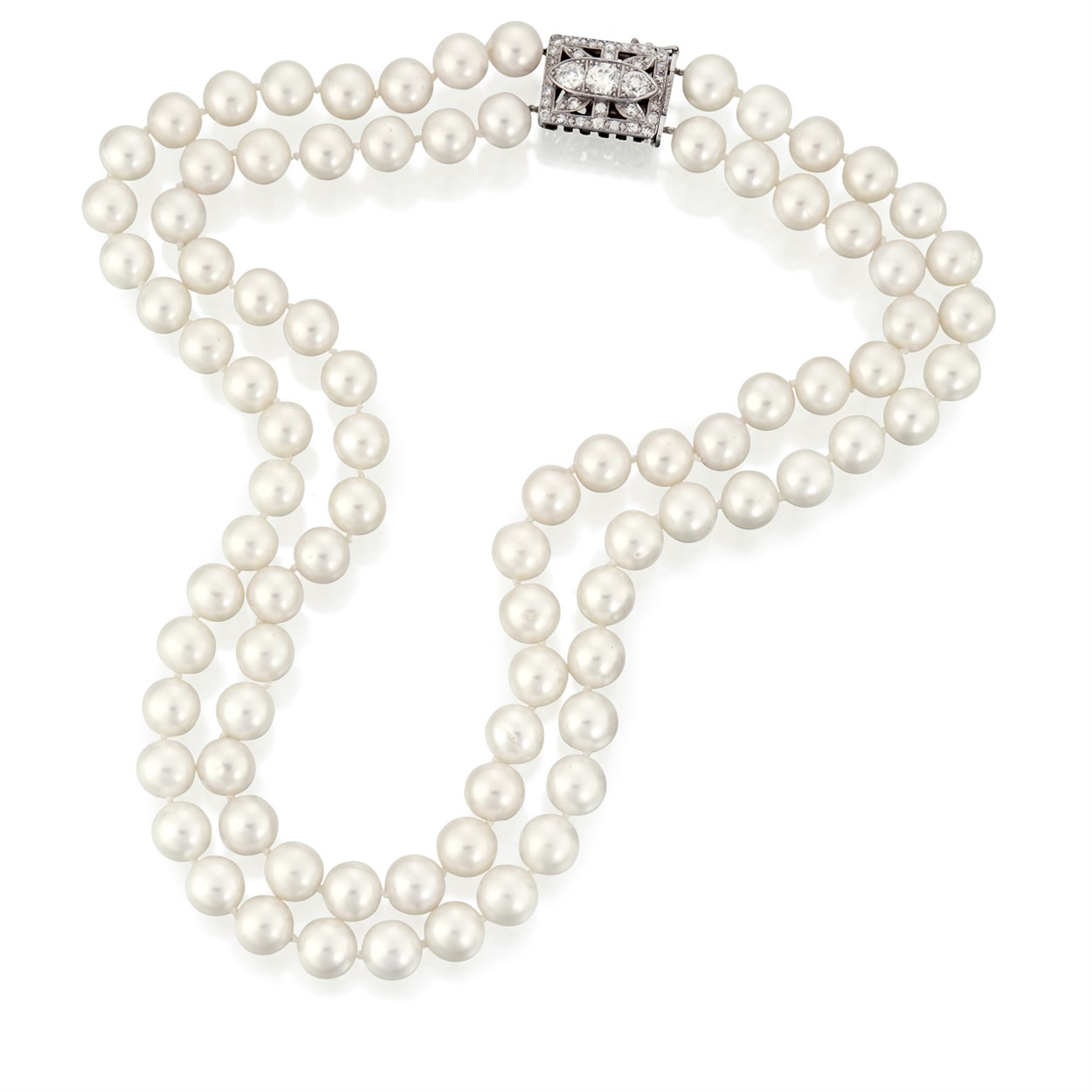 Lot 80 - A cultured pearl, diamond and eighteen white gold double-strand necklace