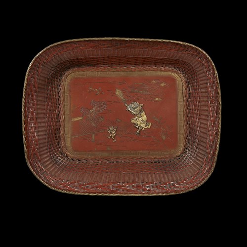 Lot 47 - A Japanese patinated, mixed metal and wovern wire "Shoki and Oni"  tray