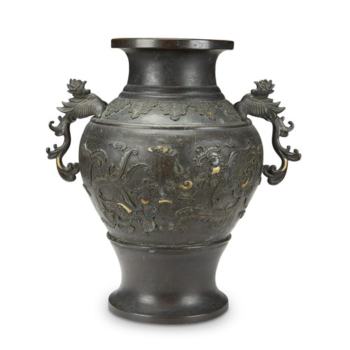 Lot 59 - A Japanese gold-inlaid bronze "Phoenix and Dragon" vase