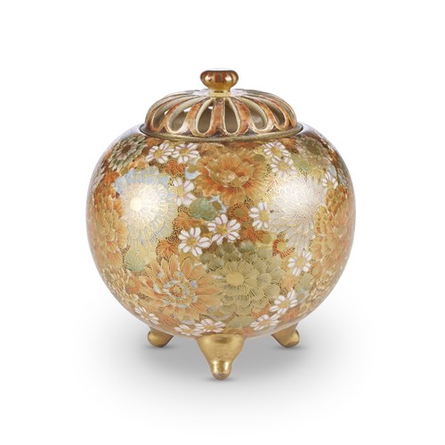 Lot 89 - A Satsuma floral-enameled pottery spherical koro with pierced cover, signed Tashiro