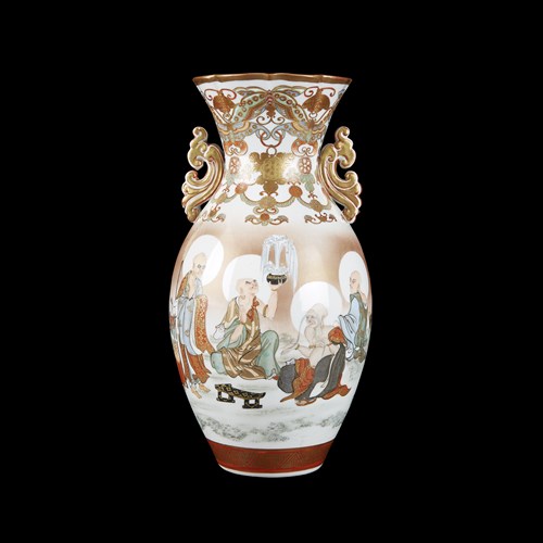 Lot 88 - A finely-painted Kutani porcelain "Rakan" vase with scrolled handles