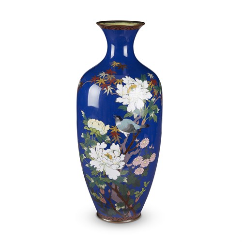Lot 80 - A large Japanese "Bird and Flowers of the Four Seasons" blue-ground cloisonne vase