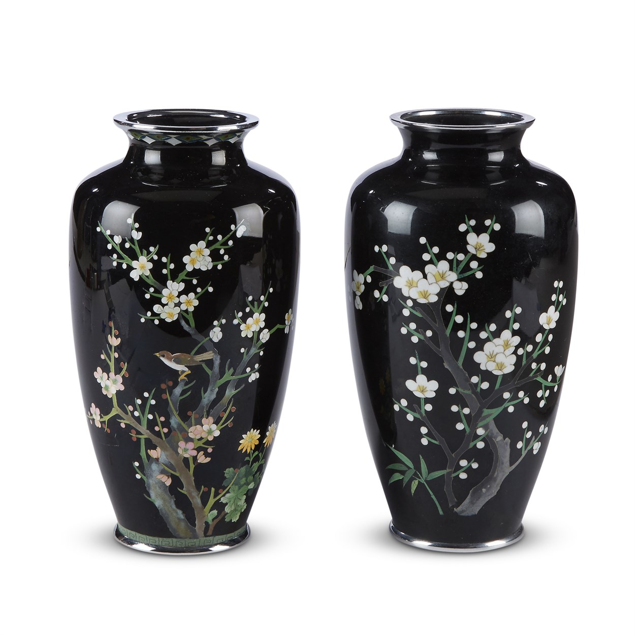 Lot 81 - Two similar Japanese cloisonne black-ground vases, Inaba, Kyoto