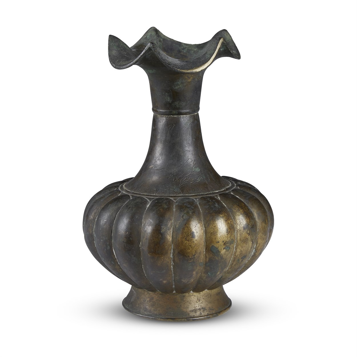 Lot 107 - A patinated and incised bronze lobed vase with crimped and flared lip, possibly Korean