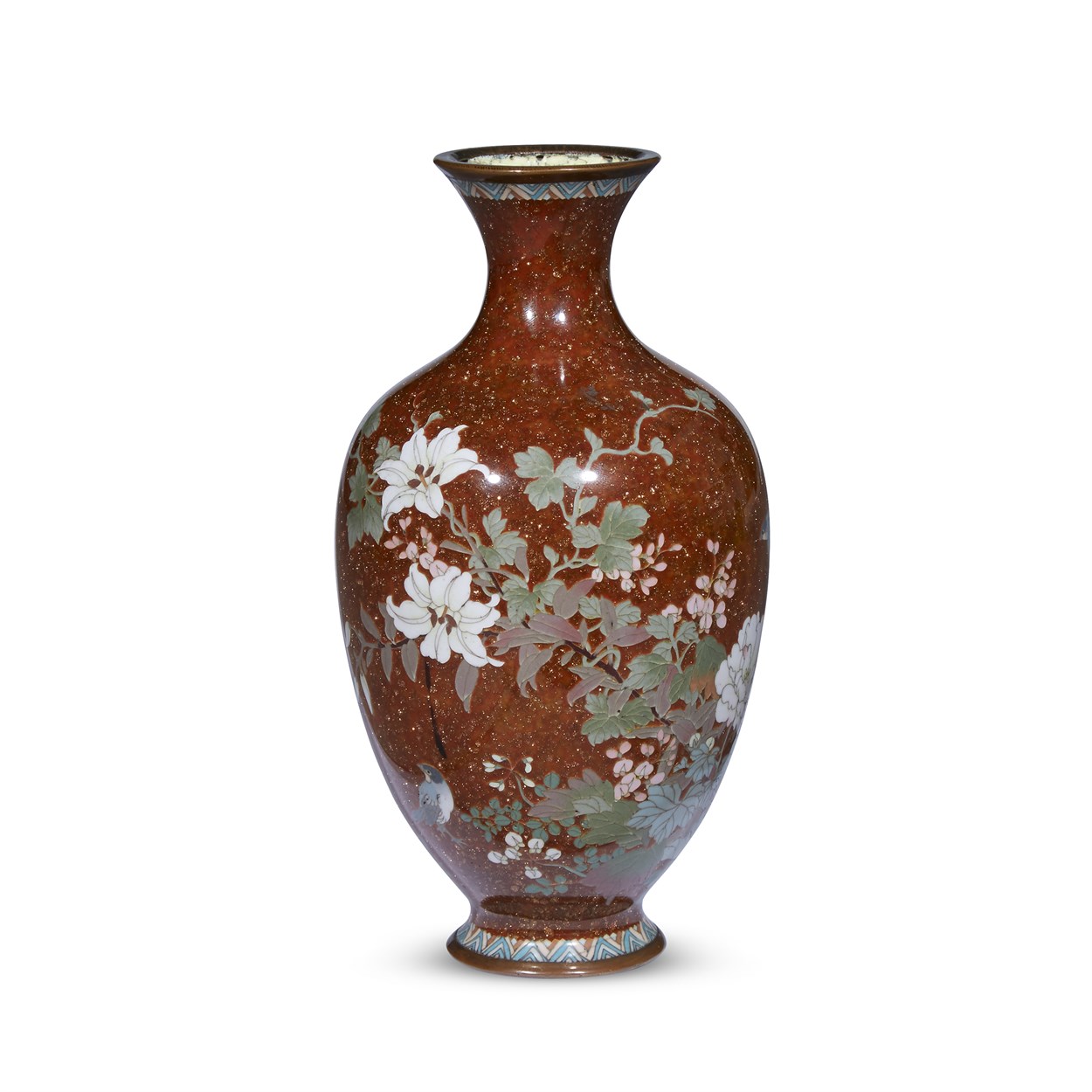 Lot 73 - A Japanese cloisonne "Birds and Flowers" vase on "aventurine" ground