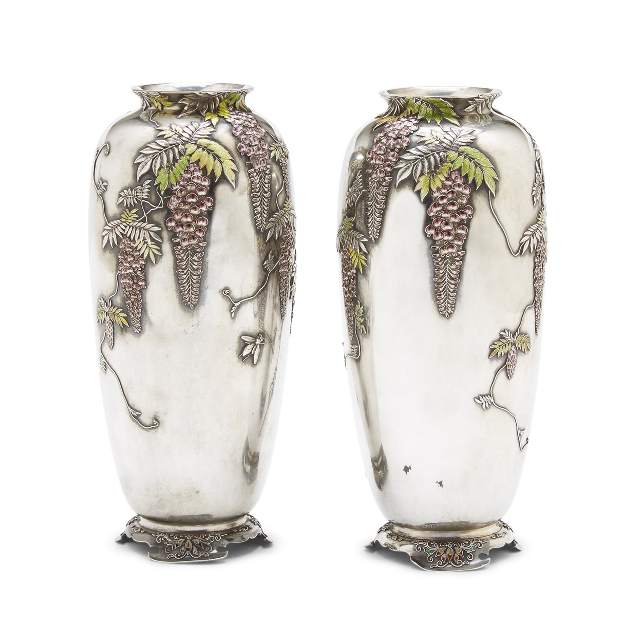 Lot 78 - A pair of finely-decorated Japanese enameled silver "Wisteria" vases, Sanju Saku