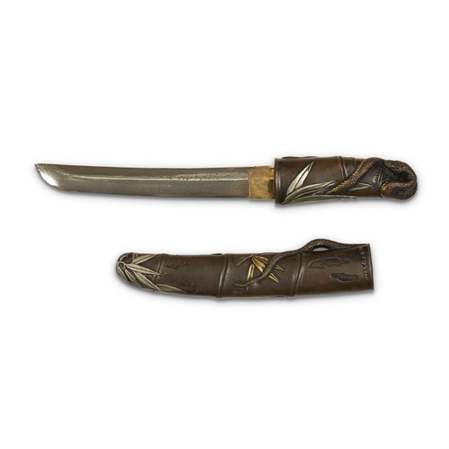 Lot 66 - A Japanese bronze and mixed metal "Snake and Bamboo" tanto