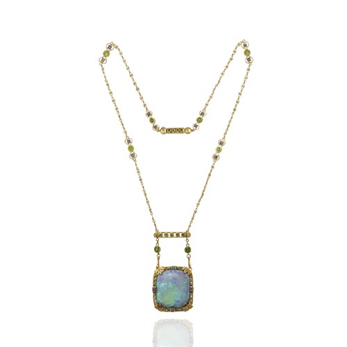 Lot 2 - A black opal, demantoid garnet and sapphire pendant brooch, Louis Comfort Tiffany, Tiffany & Co.