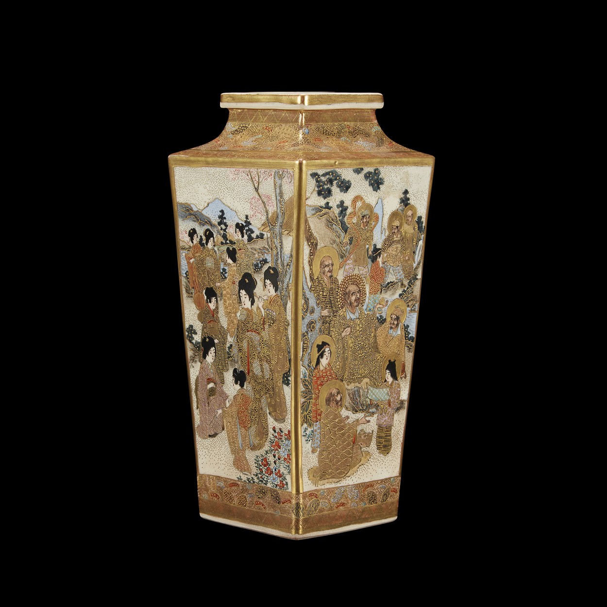 Lot 96 - A Satsuma pottery square vase, decorated with geisha and rakan