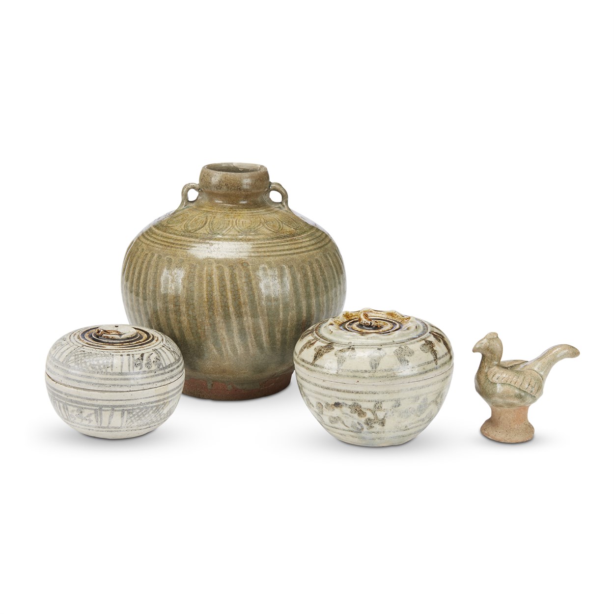 Lot 192 - A Thai celadon globular jar, two iron brown-decorated boxes, and a celadon-glazed chicken