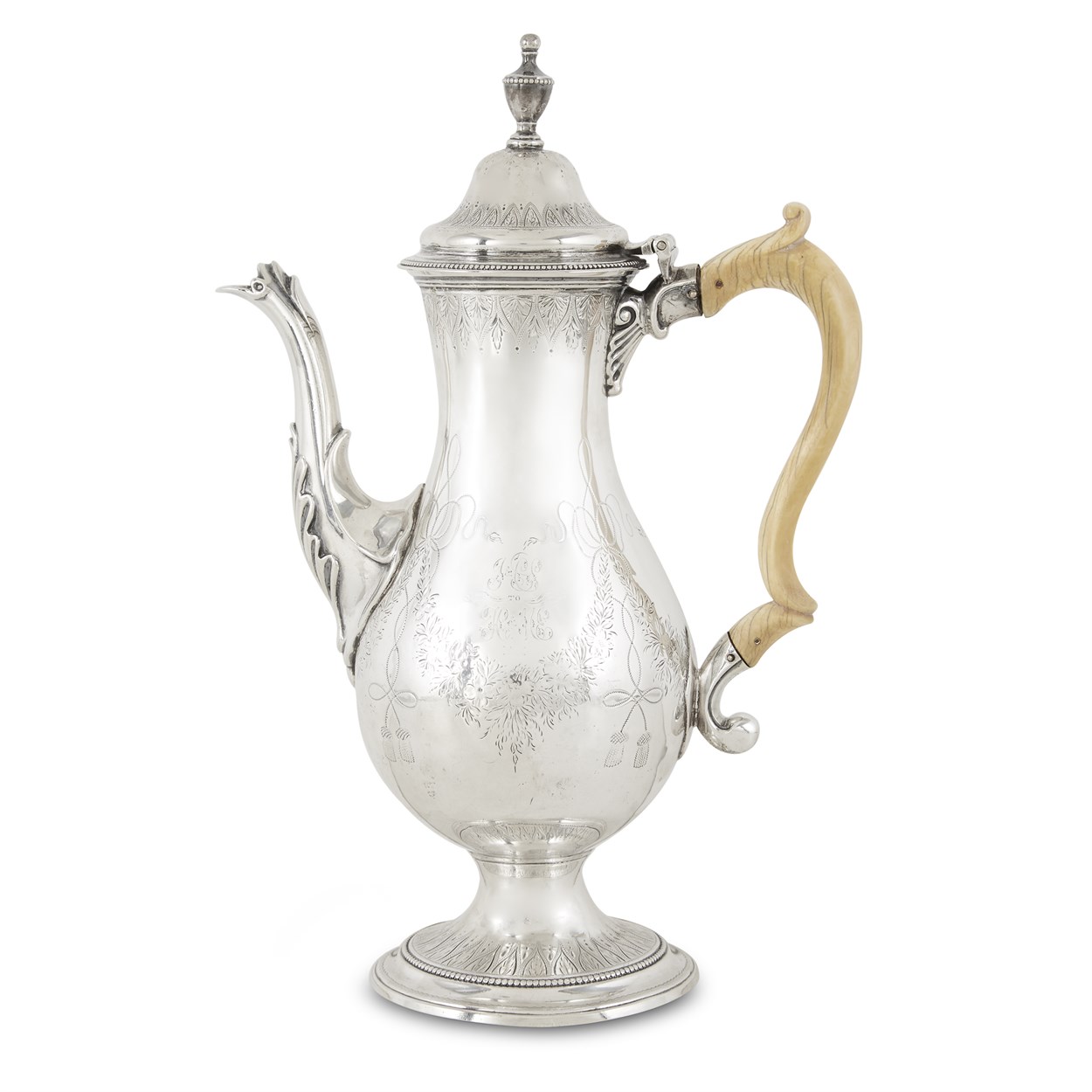 Lot 59 - A George III sterling silver coffee pot with the crest of MacRae