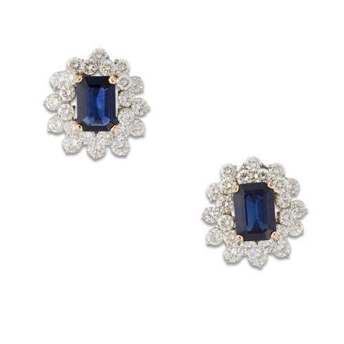 Lot 143 - A pair of sapphire, diamond and eighteen karat white gold earrings