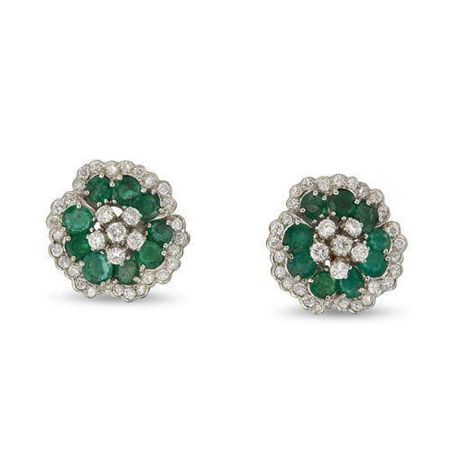 Lot 102 - A pair of emerald and diamond flower earrings